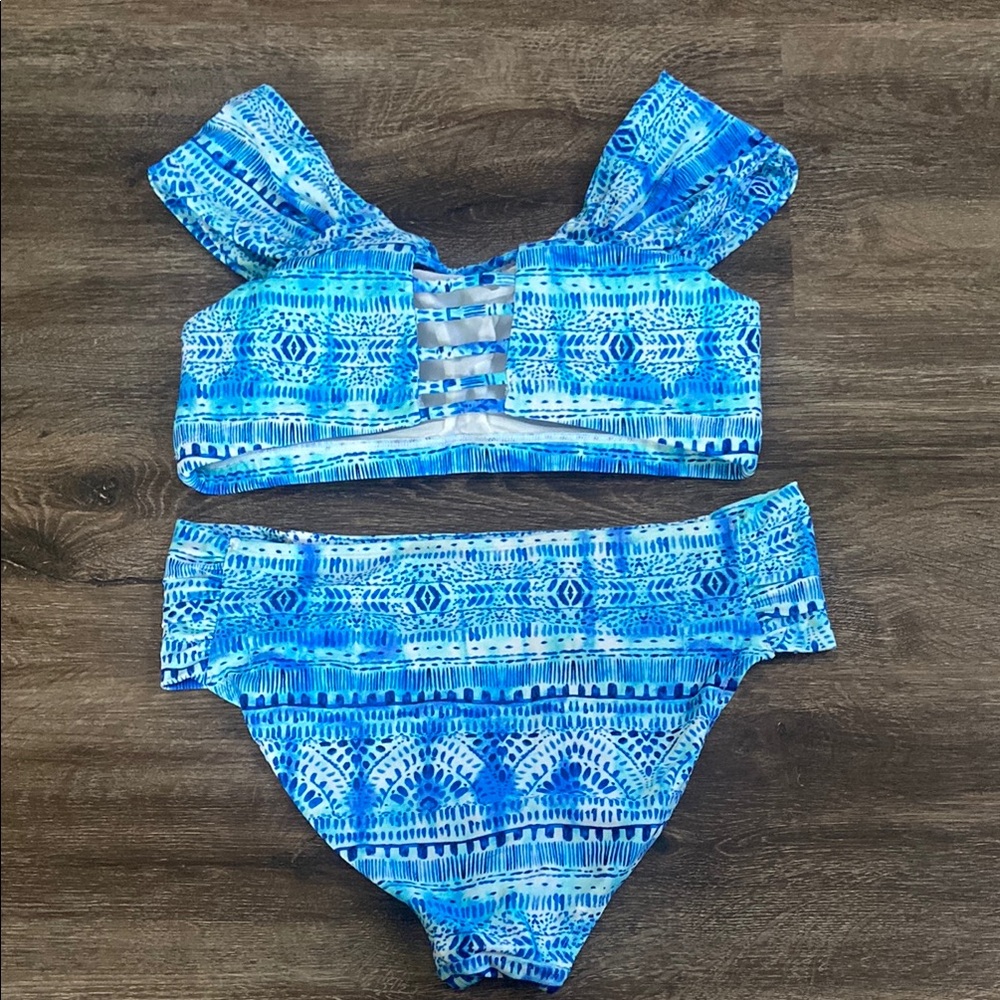 Blue Patterned Off-Shoulder Bikini Set - Picture 2 of 2